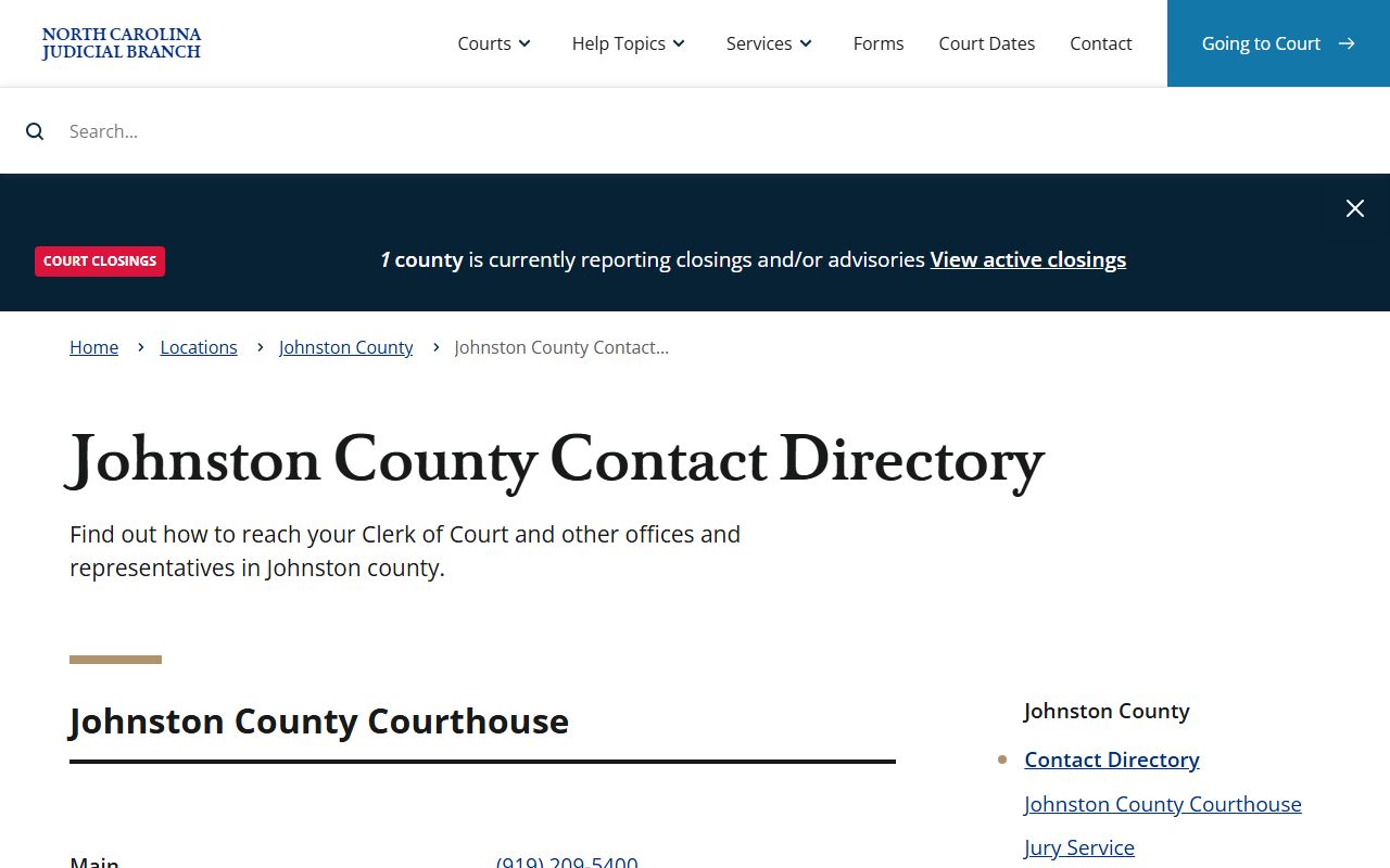 Johnston County court records contact directory page