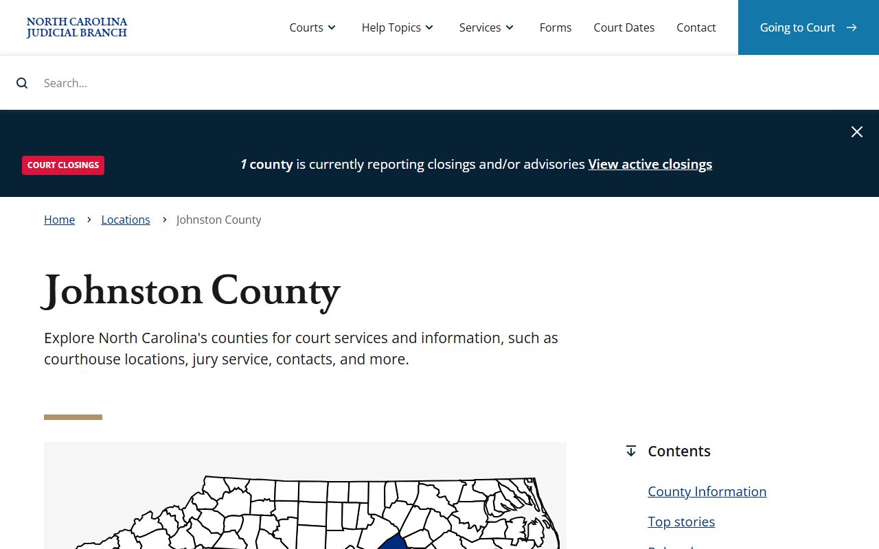 Johnston County court records location page on the North Carolina Judicial Branch site