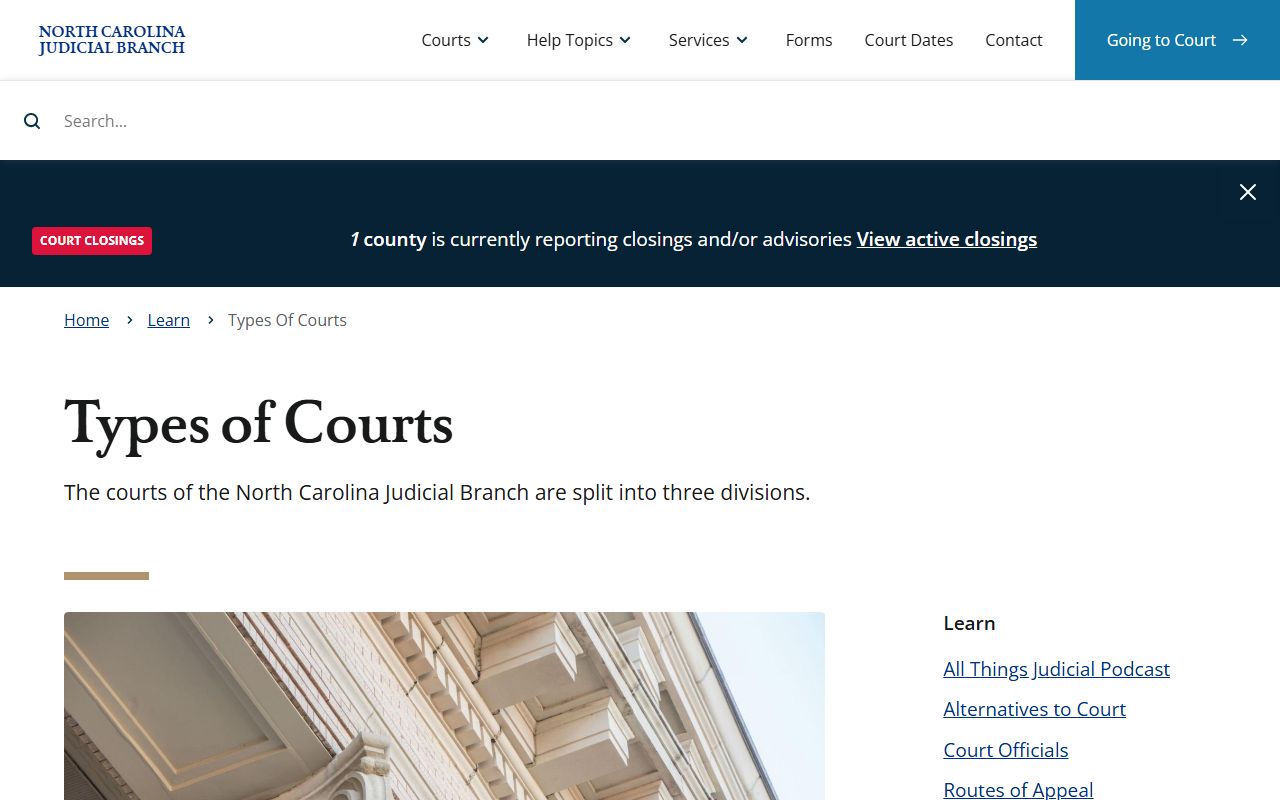 North Carolina types of courts page for Johnston County court records