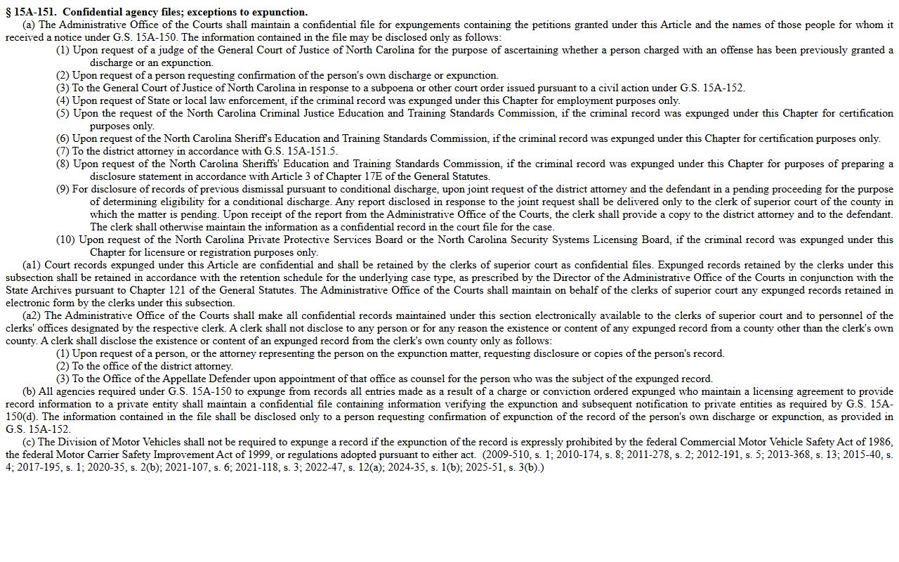 G.S. 15A-151 confidential files after expunction tied to Johnston County Clerk of Superior Court records