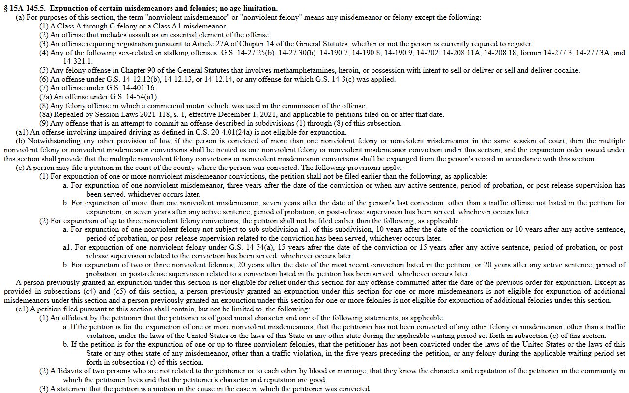 G.S. 15A-145.5 expunction statute for Johnston County Clerk of Superior Court records