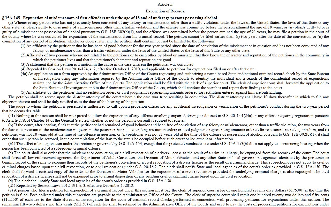 G.S. 15A-145 misdemeanor expunction statute relevant to Johnston County Clerk of Superior Court records