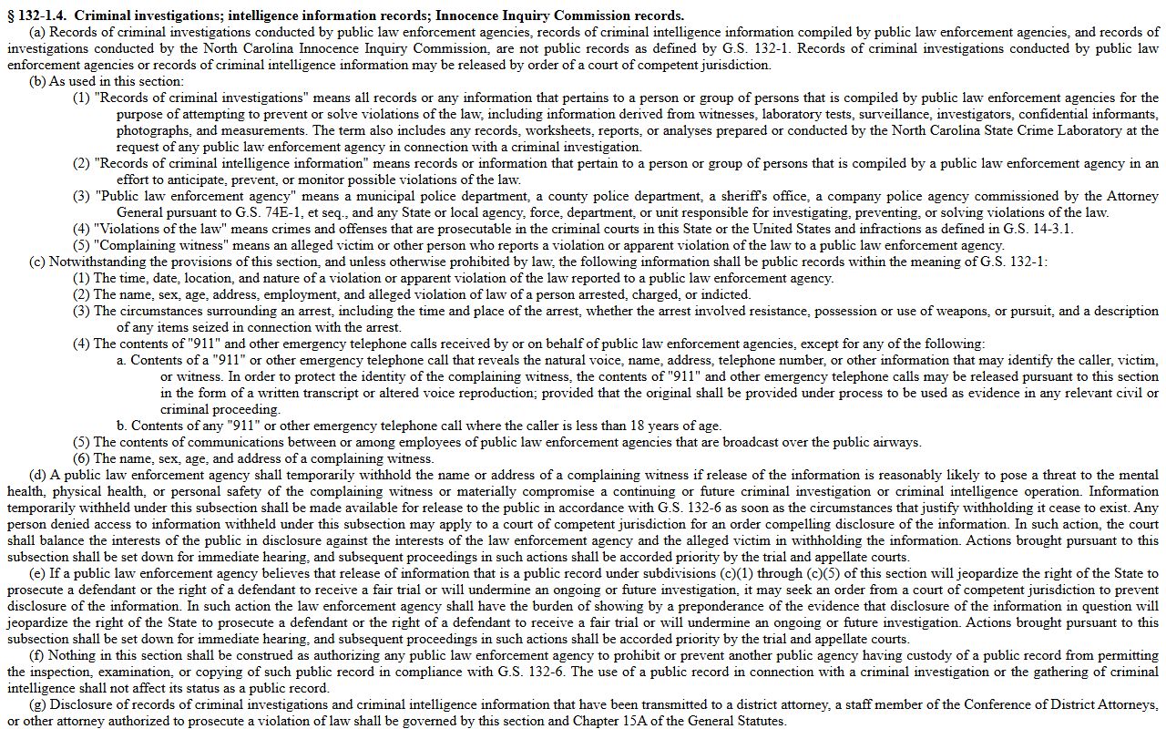 G.S. 132-1.4 criminal investigation records statute affecting Johnston County Clerk of Superior Court records