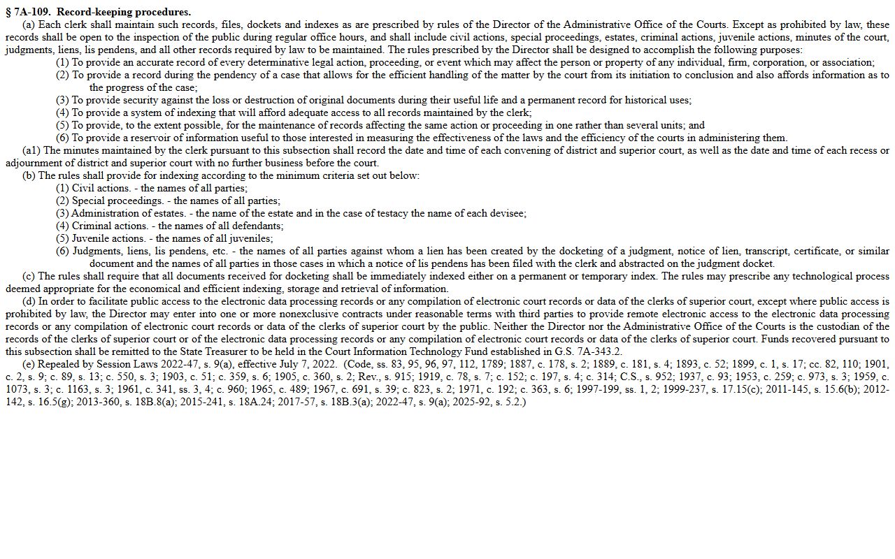G.S. 7A-109 judgment index statute behind Johnston County Clerk of Superior Court records