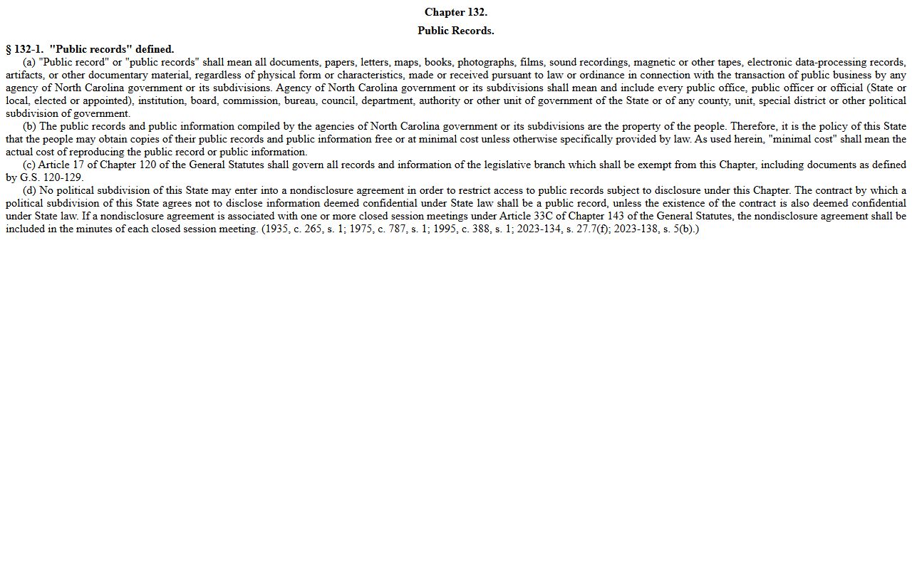 North Carolina G.S. 132-1 public record definition for Johnston County court dockets