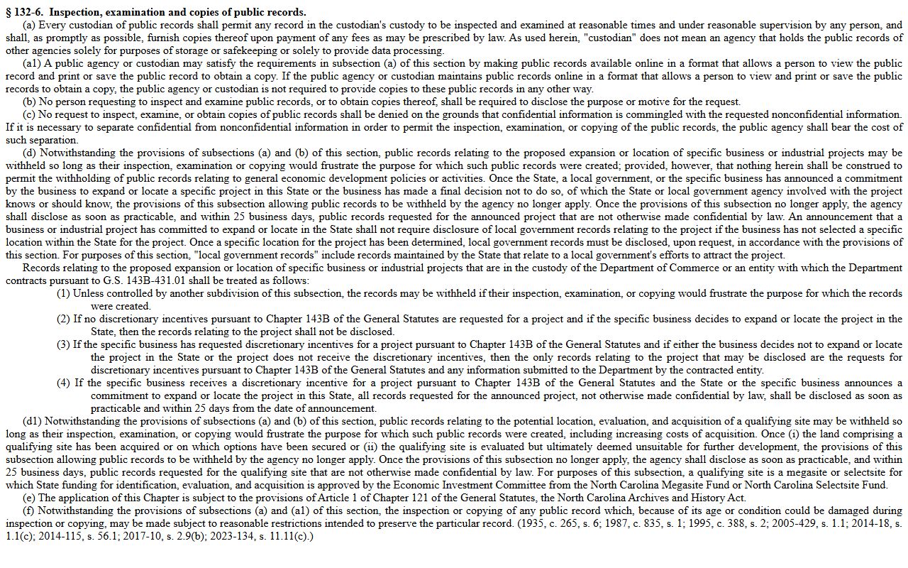 North Carolina G.S. 132-6 inspection and copies rule for Johnston County court dockets