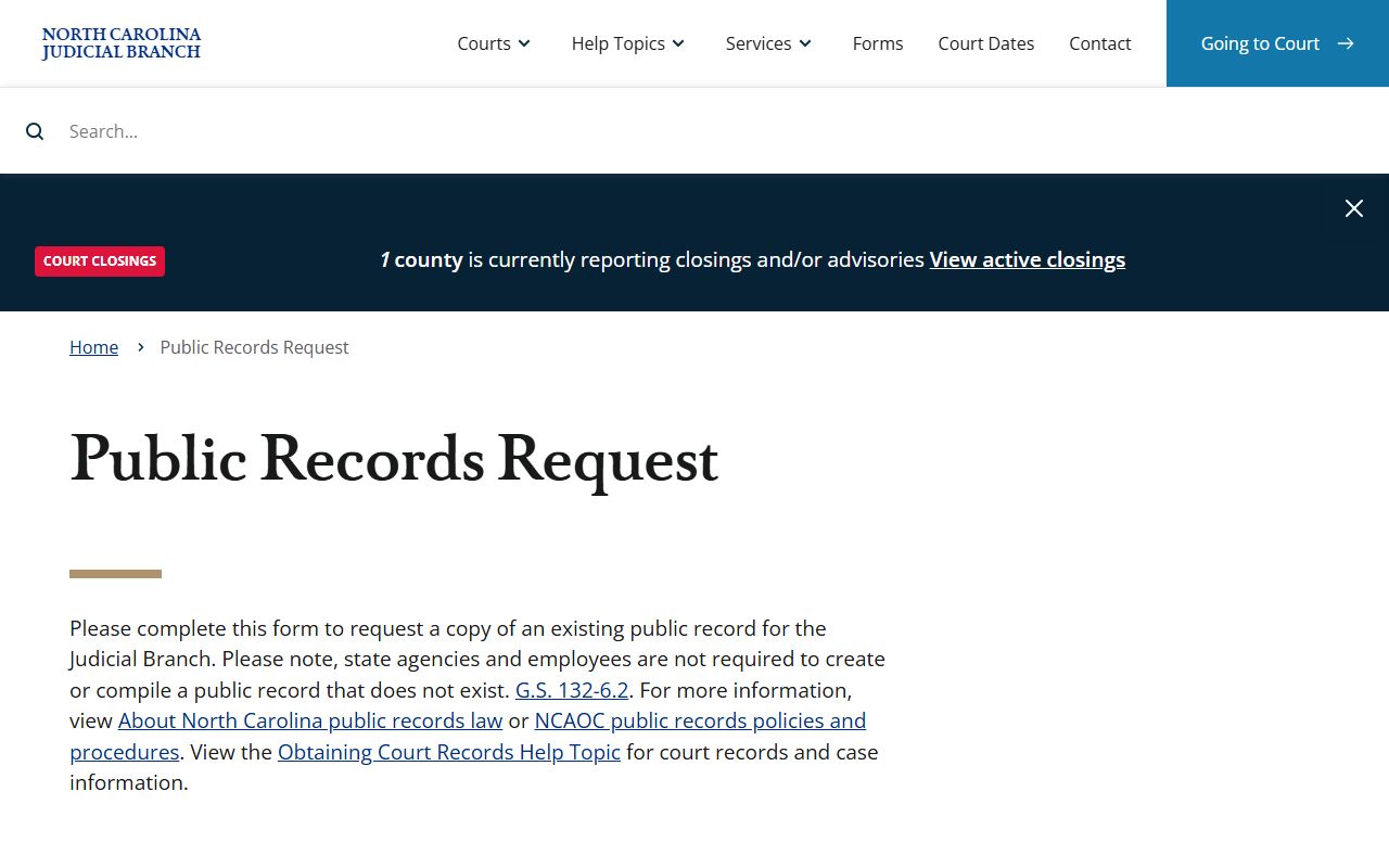 North Carolina Judicial Branch public-records request form for Johnston County court dockets