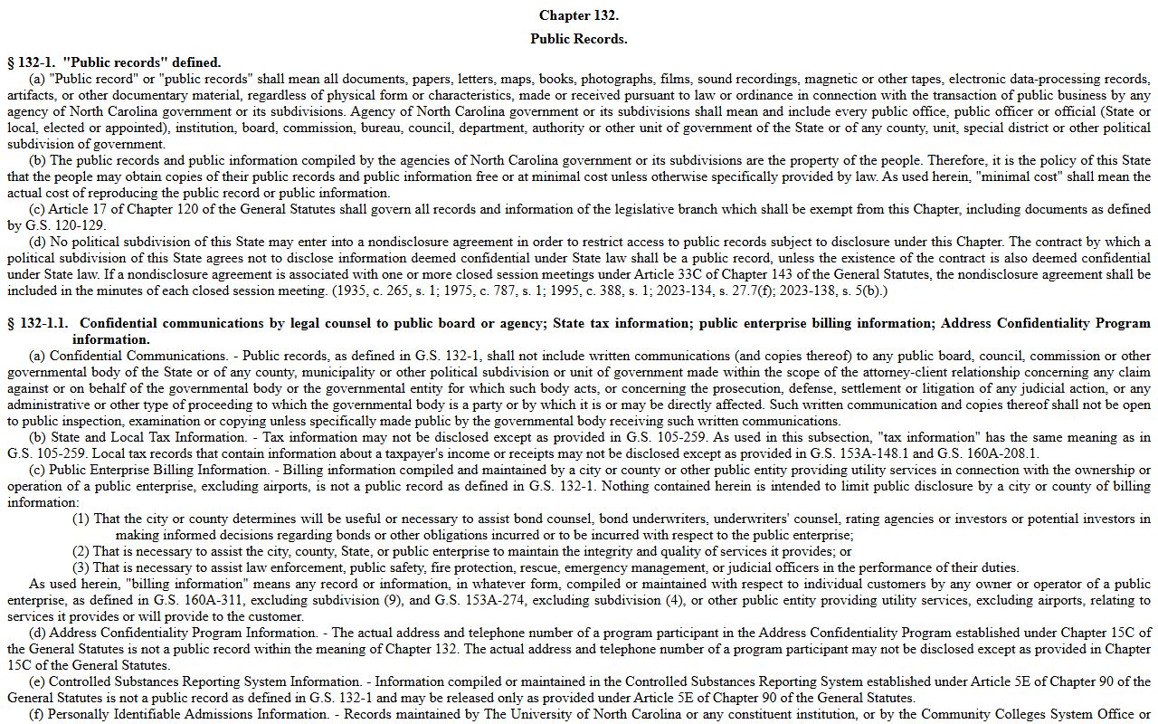 North Carolina Public Records Act Chapter 132 for Johnston County court dockets