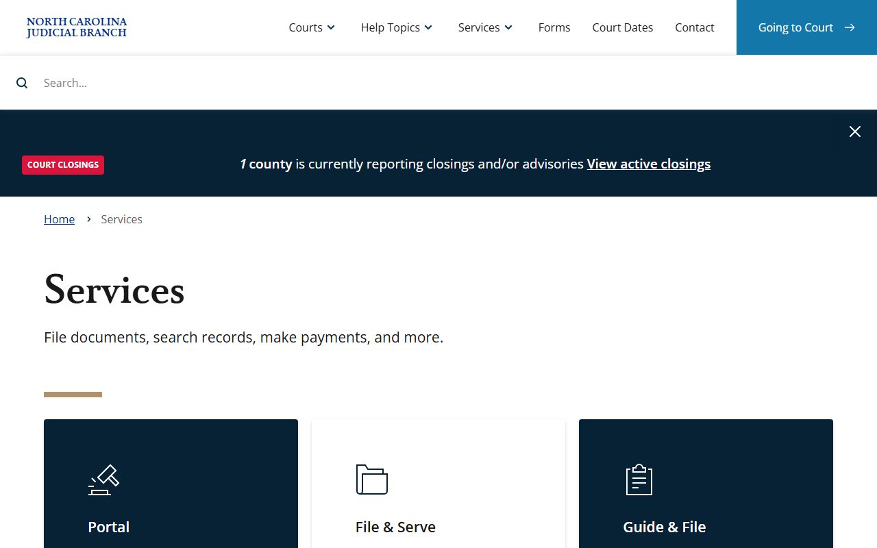 Judicial Branch services page for Johnston County court records access