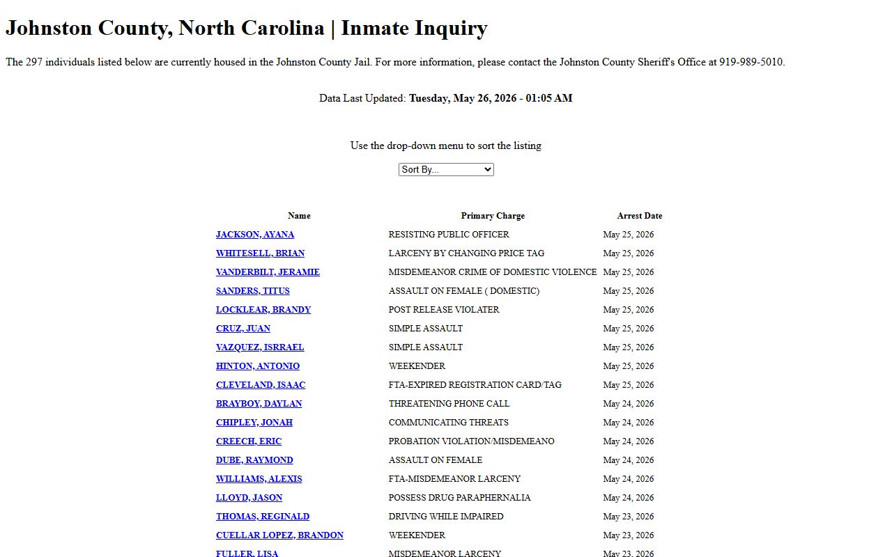 Johnston County arrest records active inmate list with count, sort menu, name, primary charge, and arrest date
