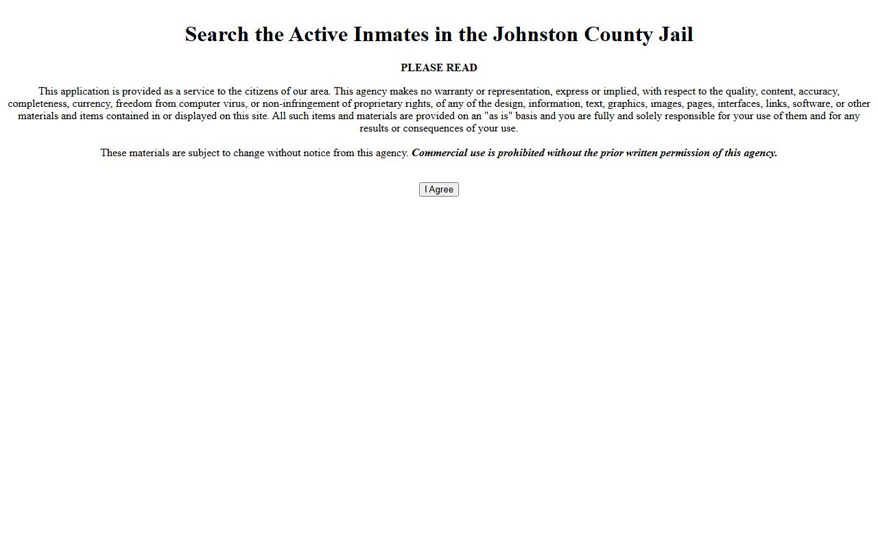 Johnston County arrest records active inmate inquiry disclaimer and I Agree entry