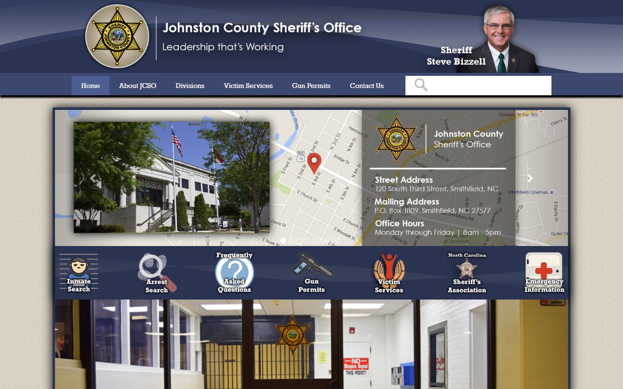 Johnston County Jail page with Sheriff's Office contact block for arrest records