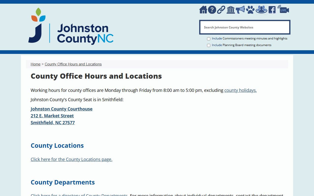 Johnston County District Court county office hours page in Smithfield