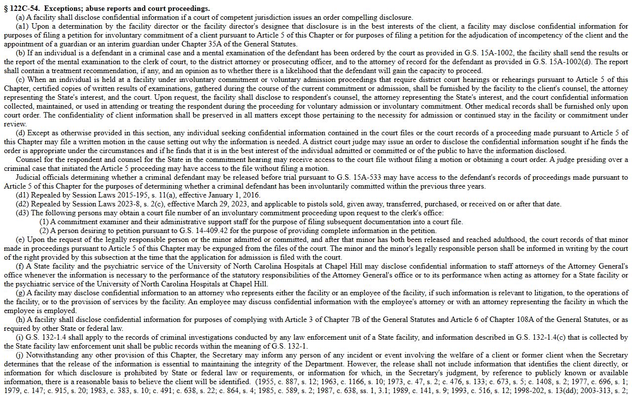 Johnston County District Court mental health record confidentiality statute G.S. 122C-54