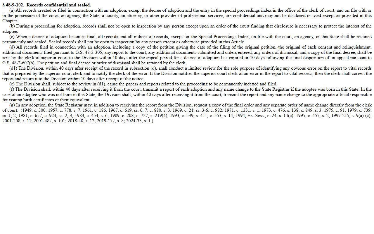 Johnston County District Court adoption record confidentiality statute G.S. 48-9-102