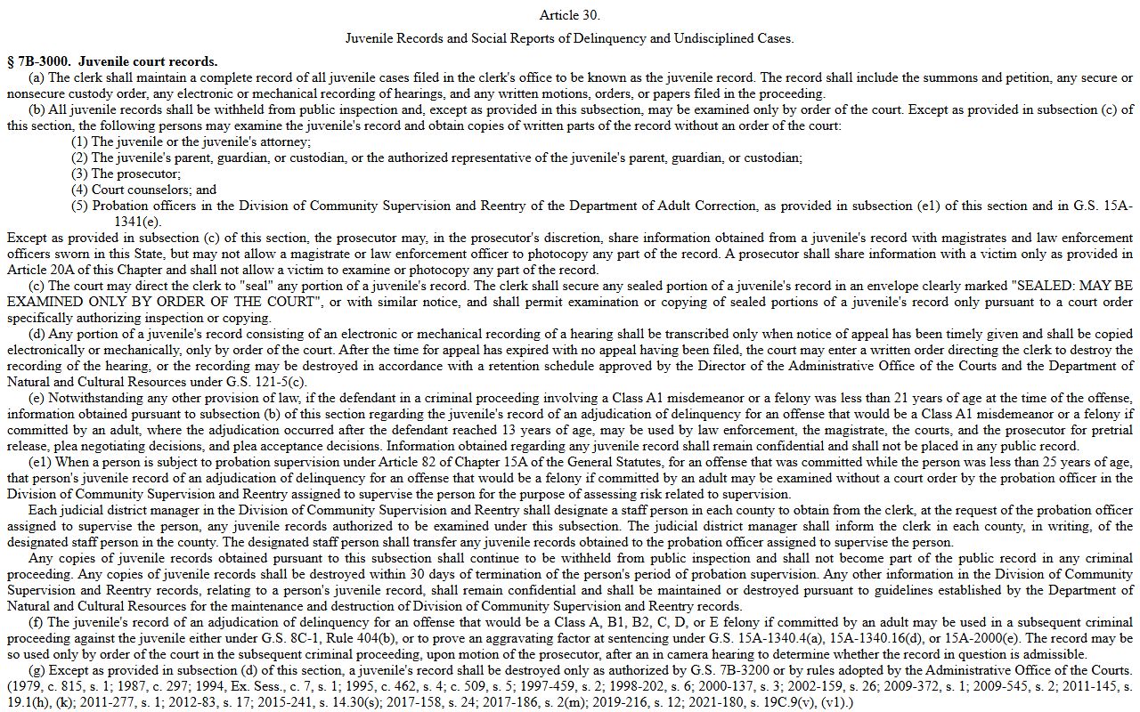 Johnston County District Court juvenile record confidentiality statute G.S. 7B-3000