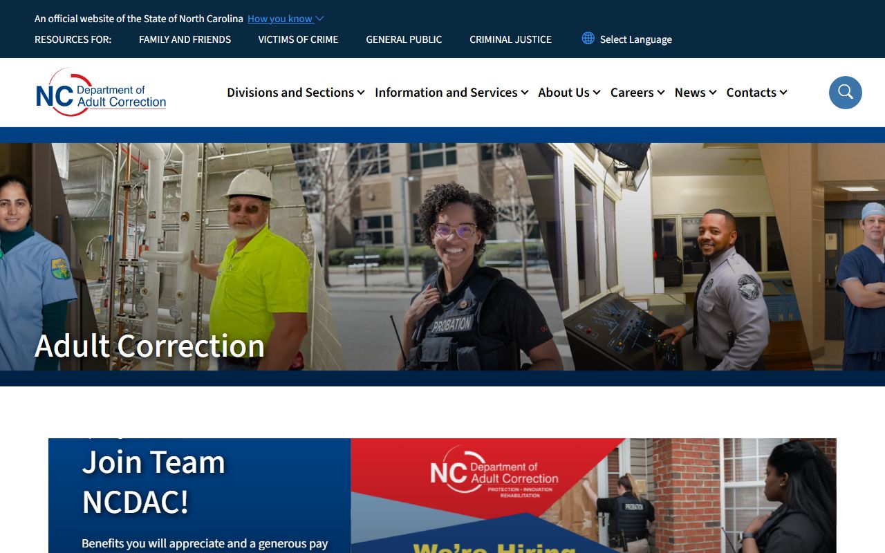 North Carolina Department of Adult Correction site used for Johnston County inmate population state context