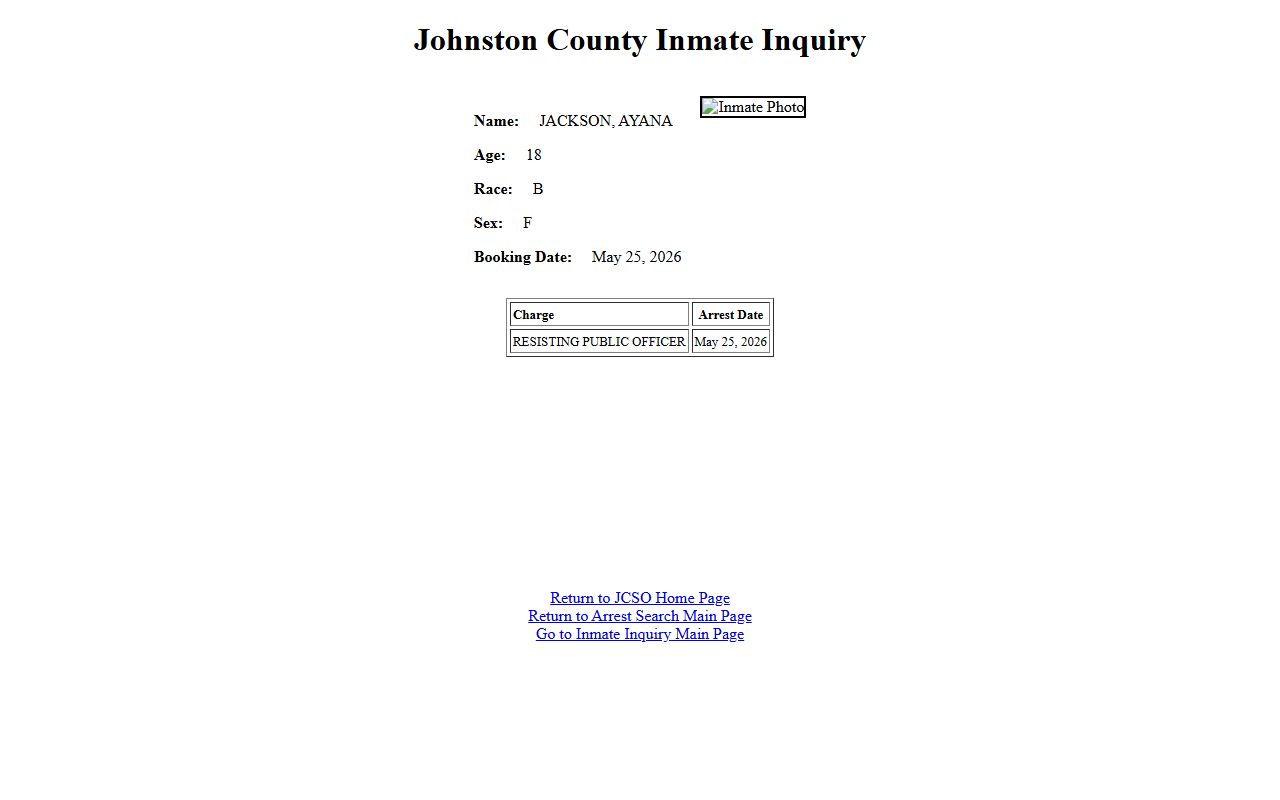Johnston County inmate population profile page showing name, age, race, sex, and booking date