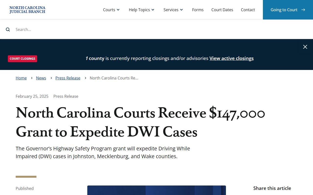 Judicial Branch news on a DWI grant tied to Johnston County inmate and court records