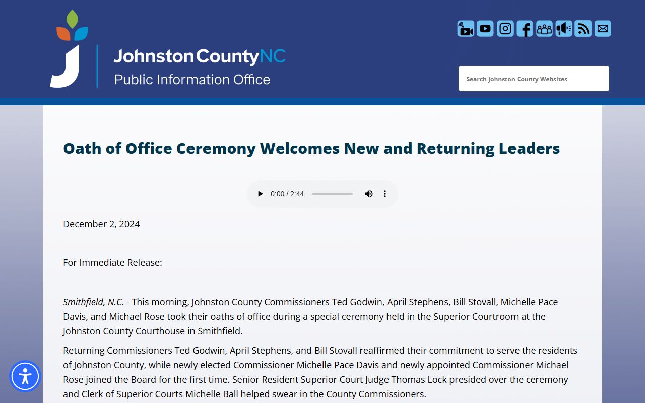 Johnston County news page on a courthouse oath ceremony tied to inmate and court records