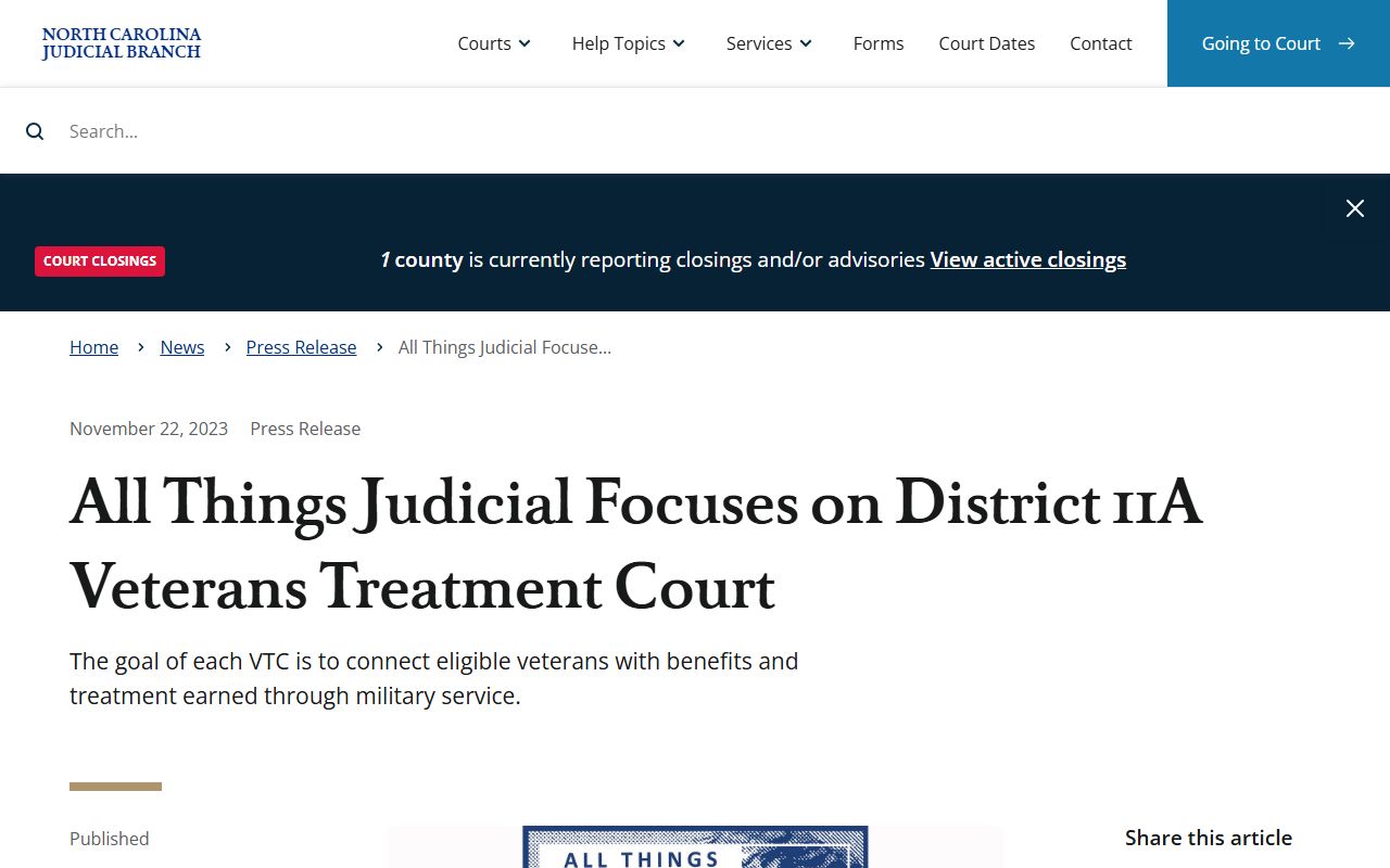 Judicial Branch article on the Veterans Treatment Court tied to Johnston County inmate records