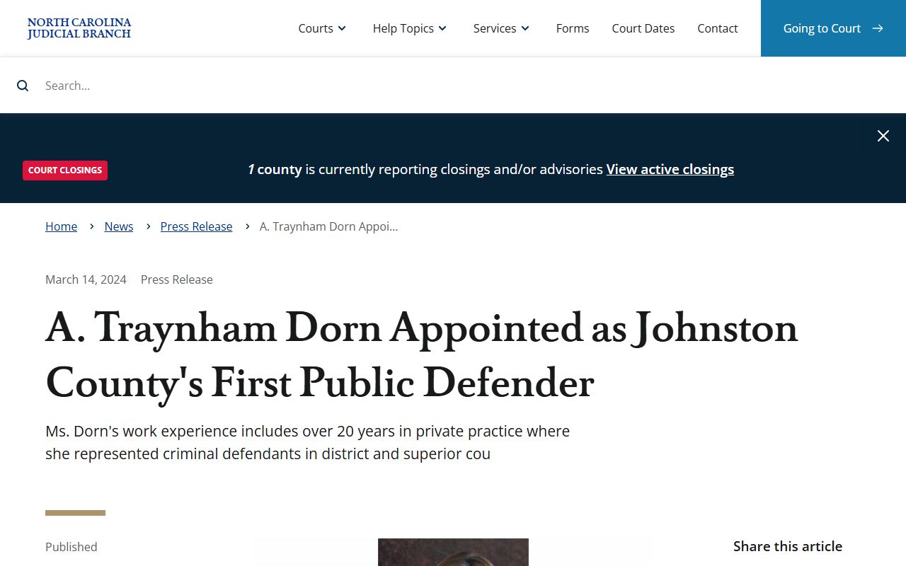 North Carolina Judicial Branch news on the first Johnston County inmate records Public Defender
