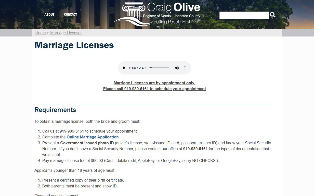 Register of Deeds marriage requirements and fee page for Johnston County public records