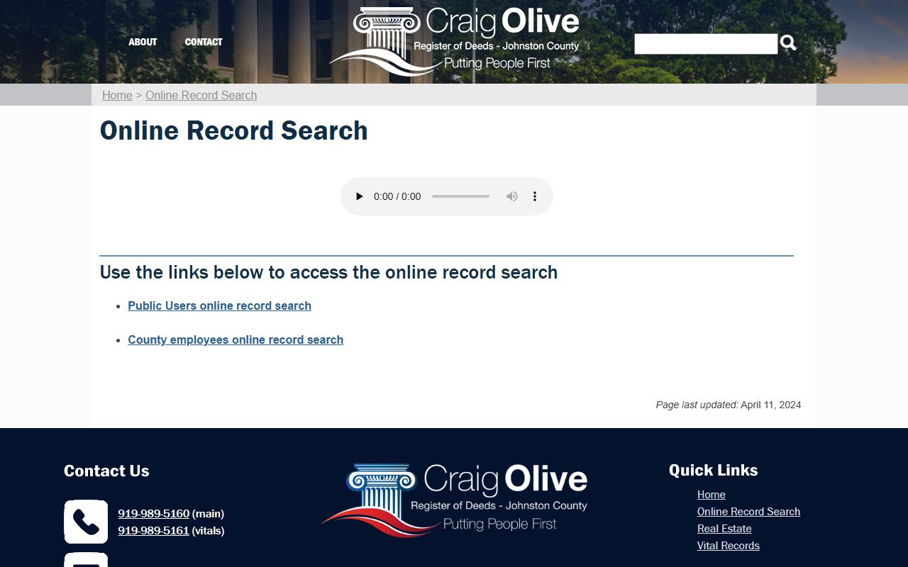 Register of Deeds online record search landing page for Johnston County public records
