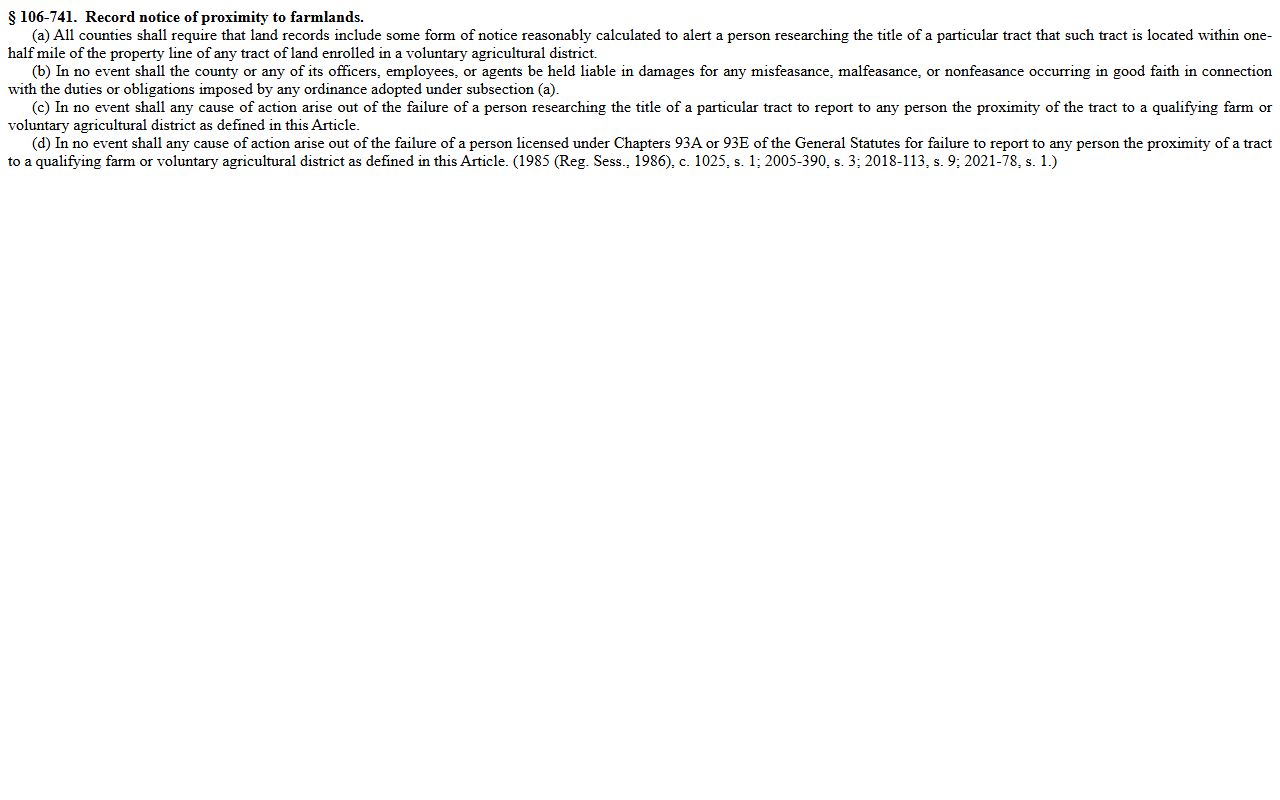 North Carolina G.S. 106-741 farm-notice statute cited in the Johnston County EagleWeb records disclaimer