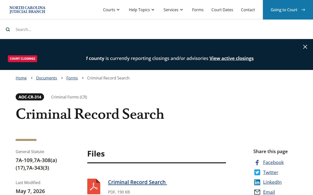 Johnston County released inmates criminal record search form AOC-CR-314 used to verify a person's record