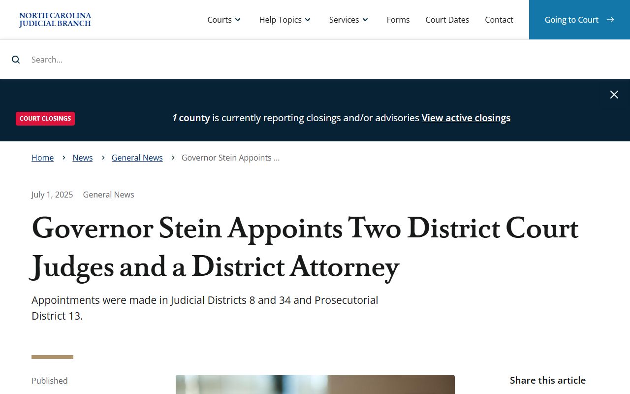 North Carolina Judicial Branch news naming the District Attorney who prosecutes Johnston County traffic court records and DWI cases