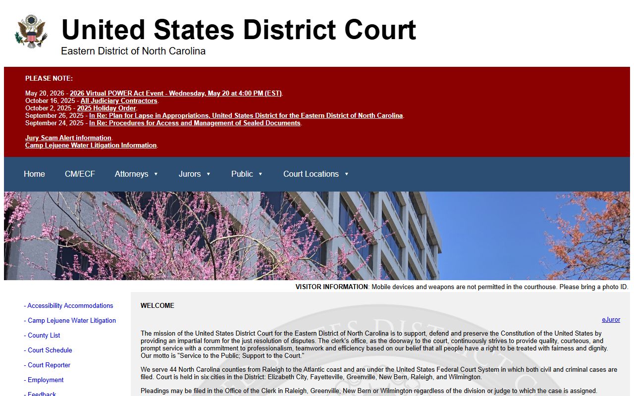U.S. District Court for the Eastern District of North Carolina, the federal venue for Johnston County traffic court records on federal property